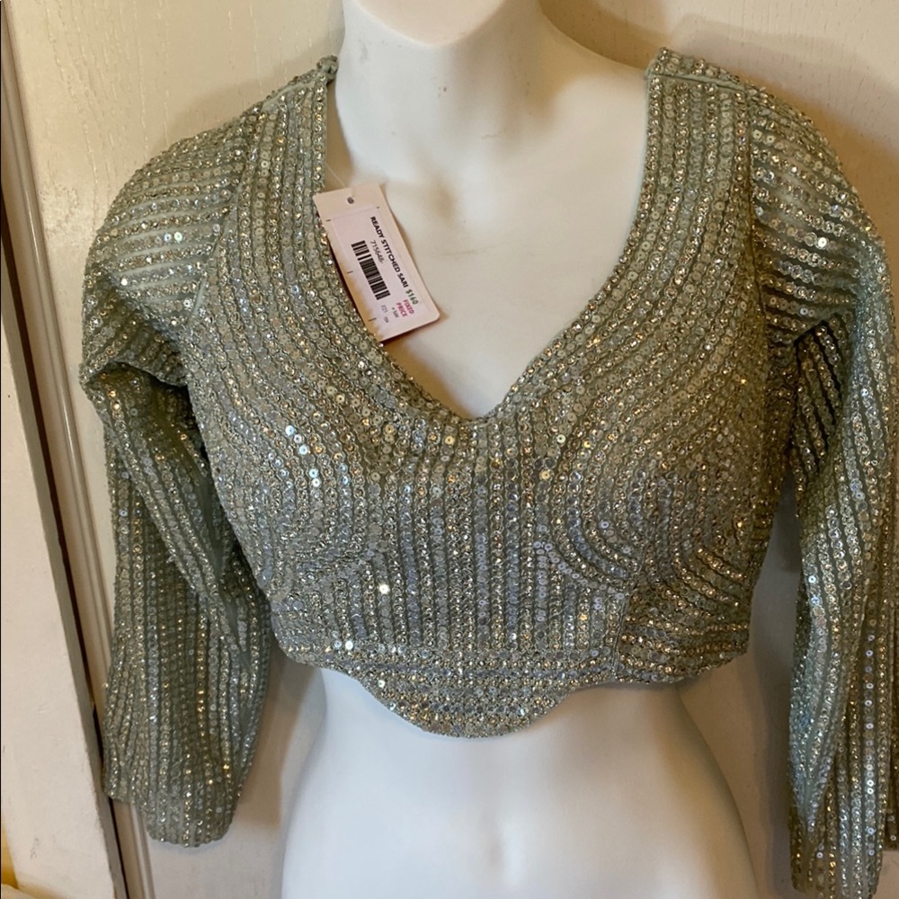 Saree blouse color mint whit sequin estamp color mint size S
